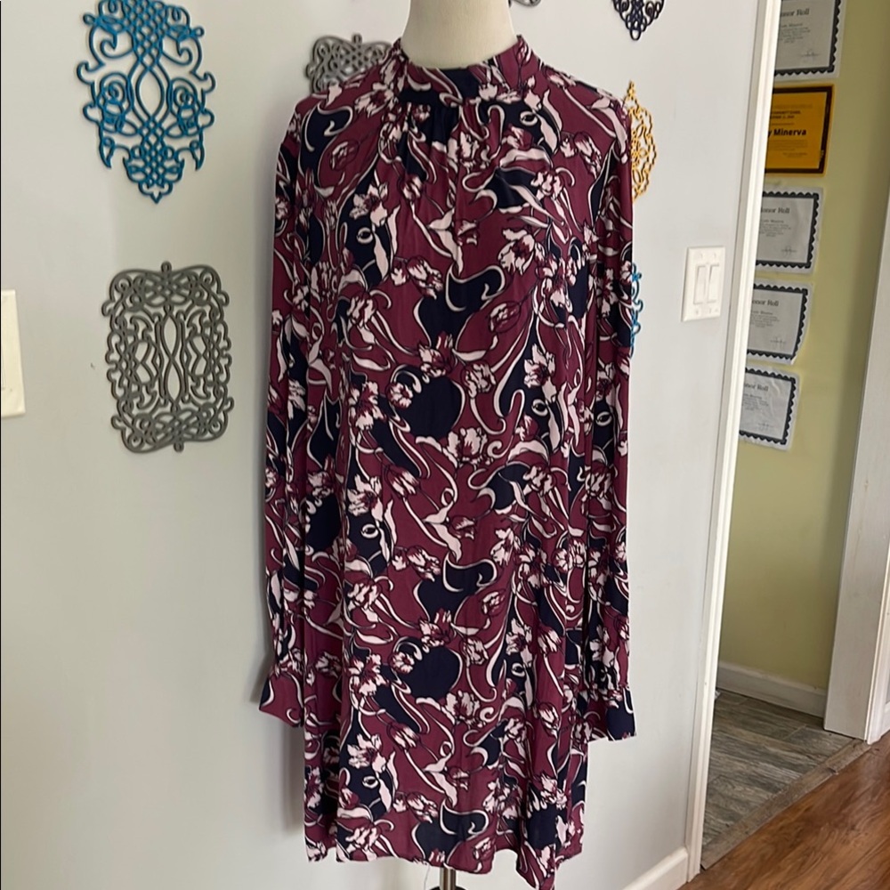 Modcloth Maroon & navy  Ruched dress with Bishop Sleeves size xl